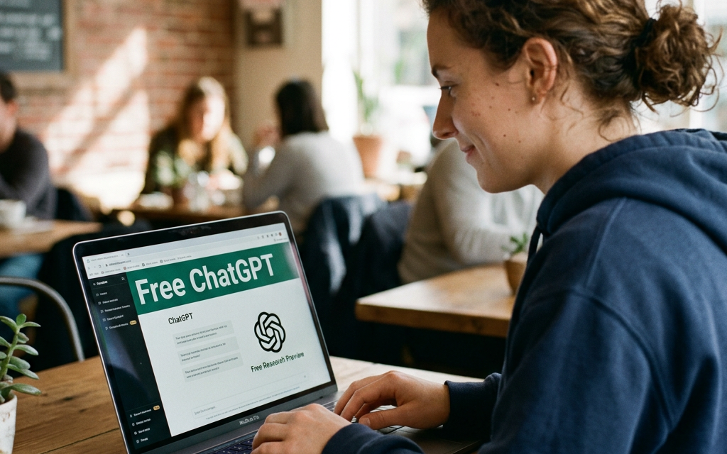 Woman typing on laptop with Free ChatGPT website open in café
