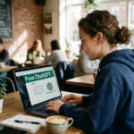 Woman typing on laptop with Free ChatGPT website open in café