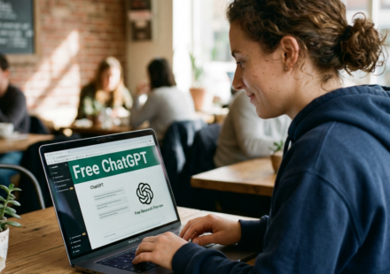 Woman typing on laptop with Free ChatGPT website open in café