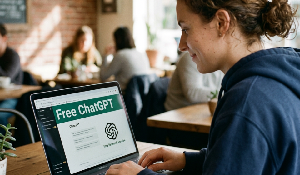 Woman typing on laptop with Free ChatGPT website open in café