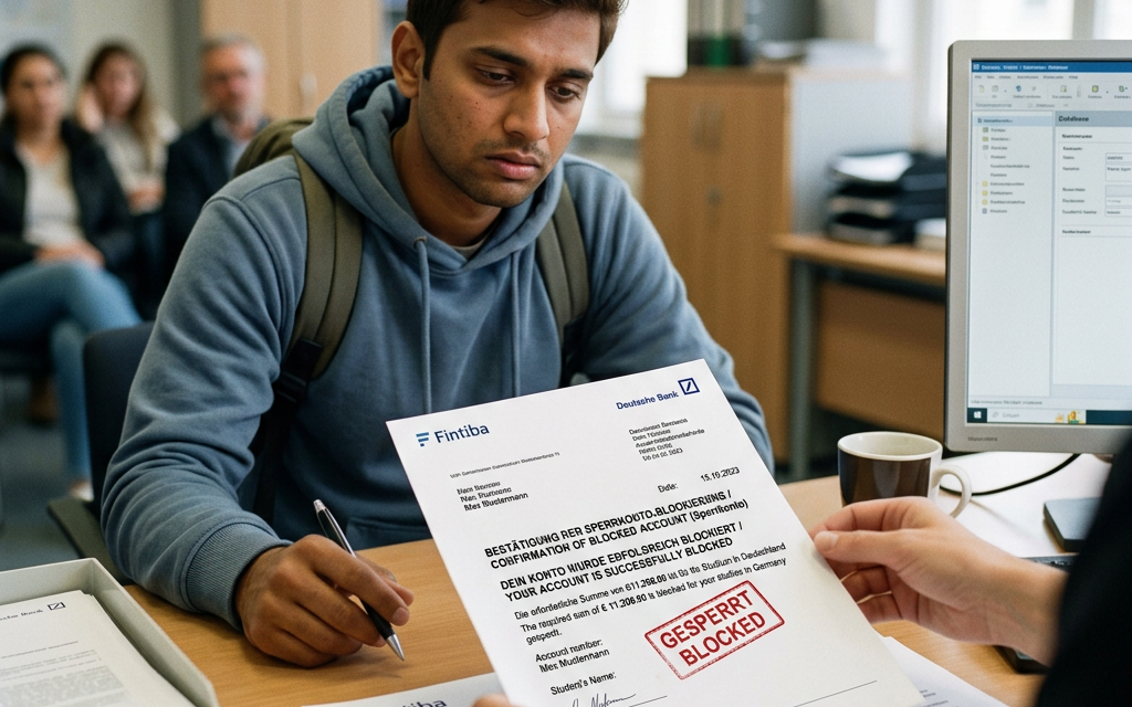 Student reviewing Fintiba blocked-account letter marked “GESPERRT BLOCKED”
