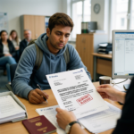 Student reviewing Fintiba blocked-account letter marked “GESPERRT BLOCKED”