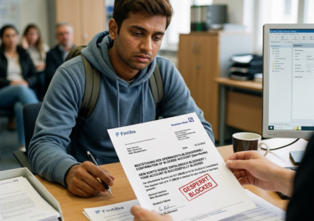 Student reviewing Fintiba blocked-account letter marked “GESPERRT BLOCKED”
