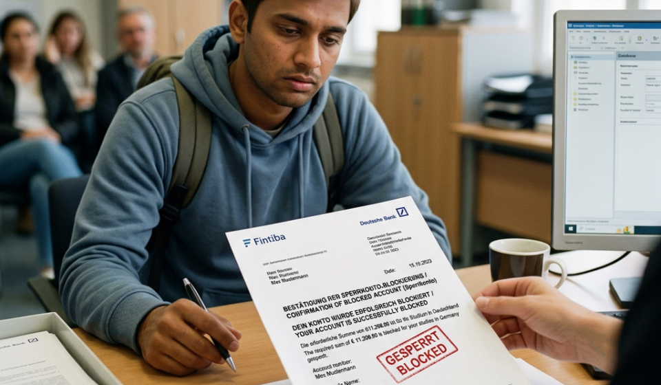 Student reviewing Fintiba blocked-account letter marked “GESPERRT BLOCKED”